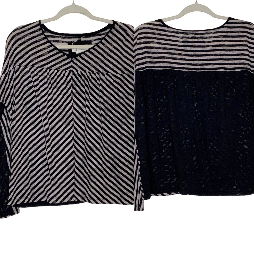 Anthropologie black striped blouse with lace back and sleeves.V neckline. Size S